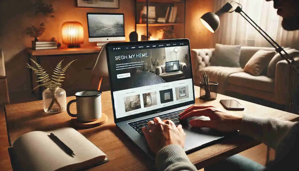 A person working on a laptop with a website or blog featuring a modern, clean design visible on the screen.